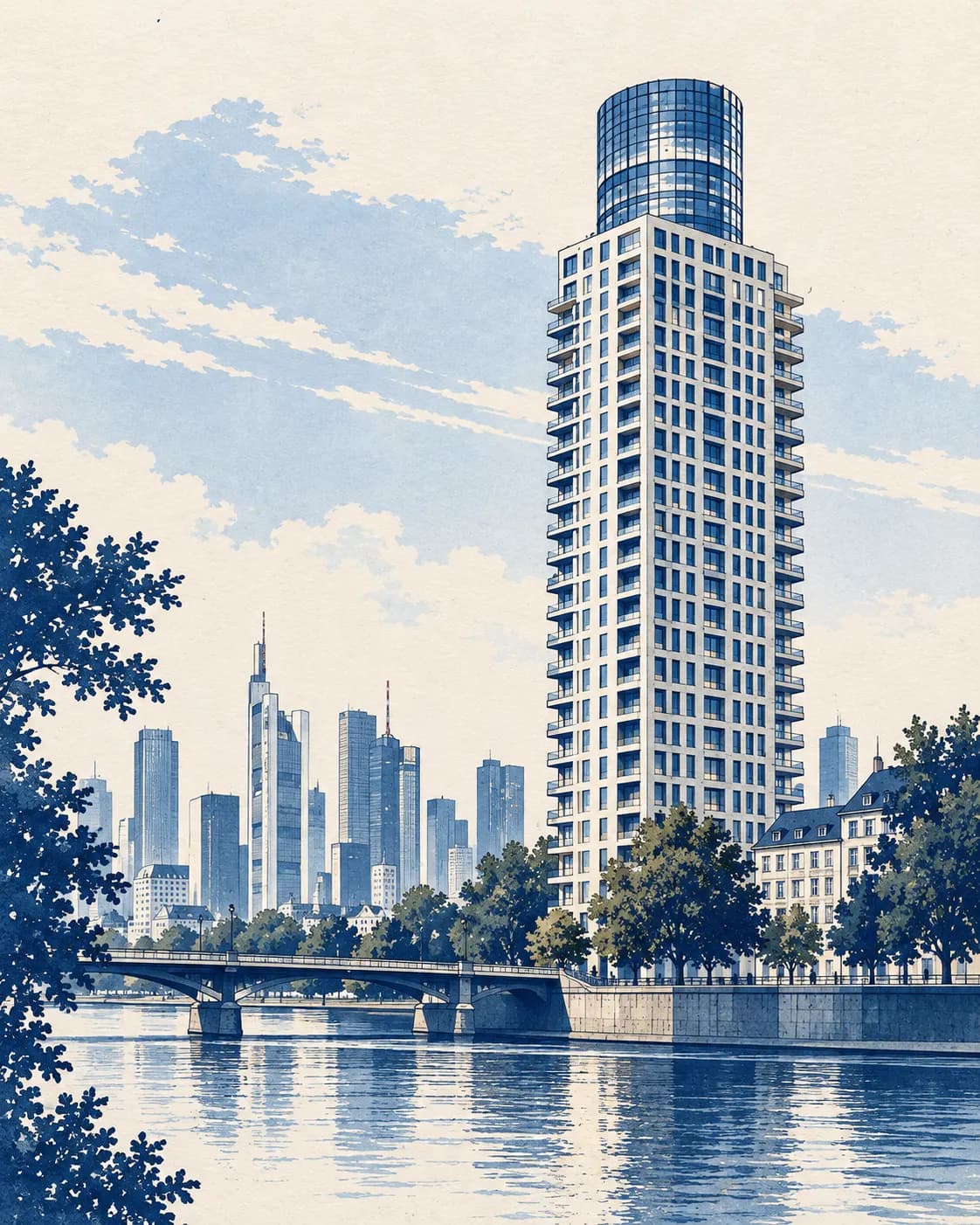 Illustration des Henninger Turms mit Frankfurter Skyline in Blautönen