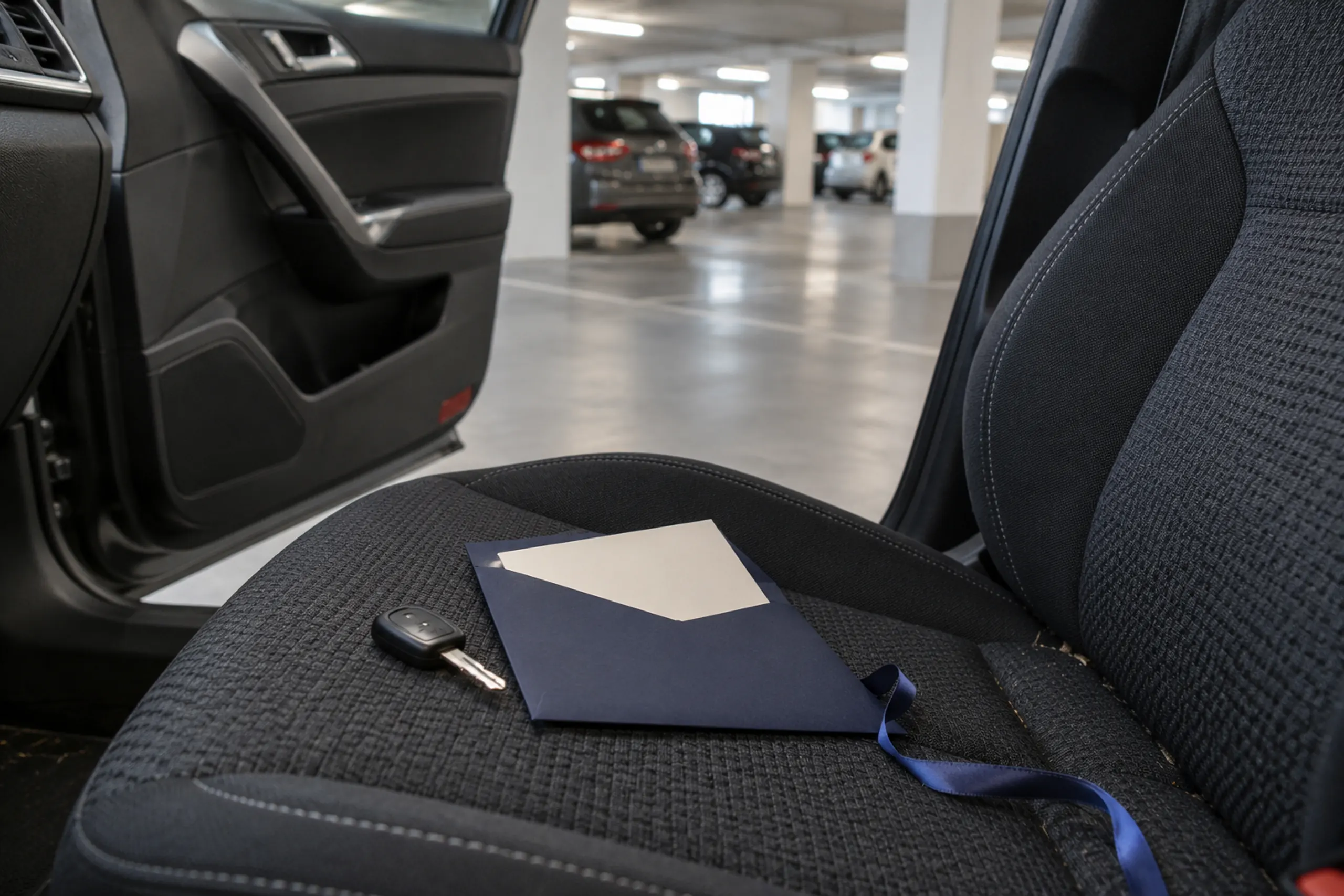 Unbeschriftete Karte und dunkelblauer Umschlag neben einem Autoschlüssel auf einem Stoffsitz