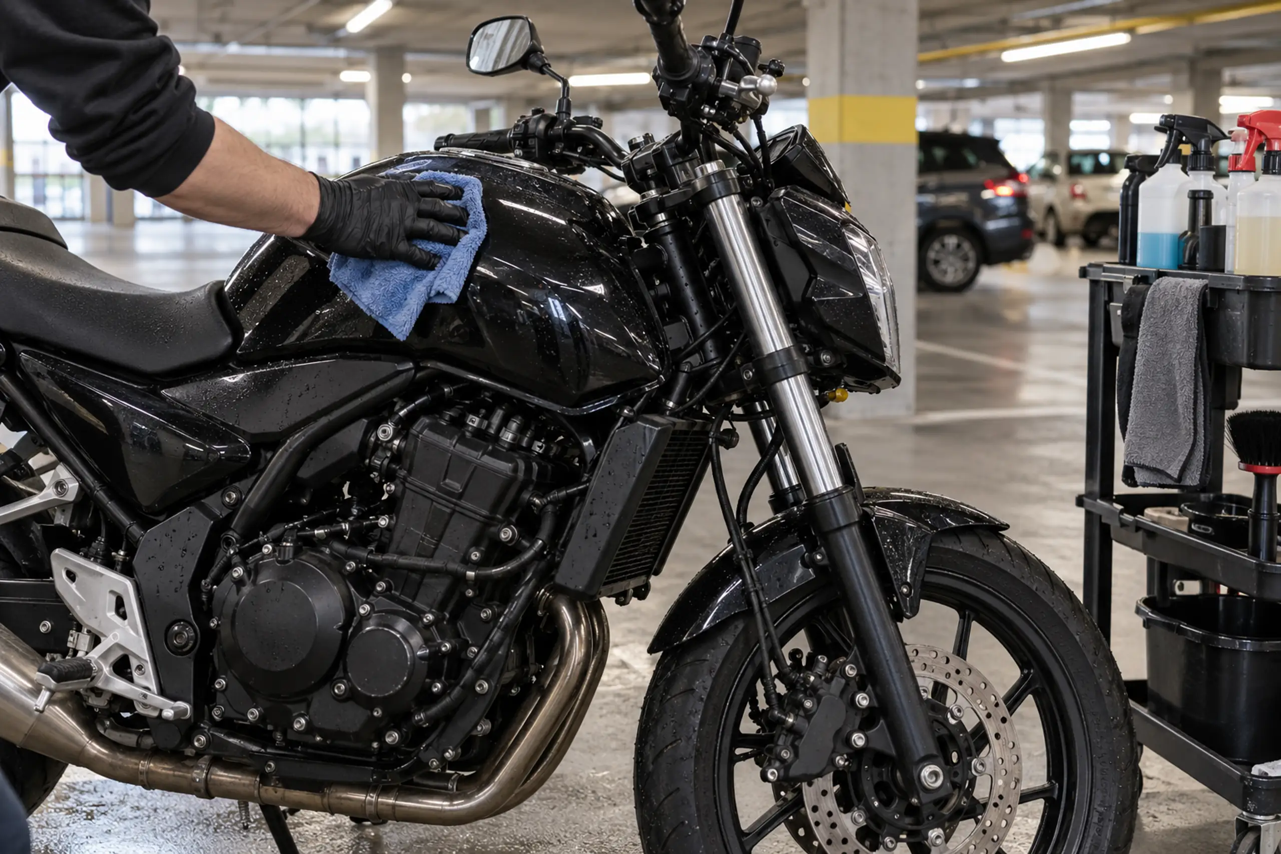 Schwarzes Alltagsmotorrad bei der Pflege mit einem blauen Mikrofasertuch