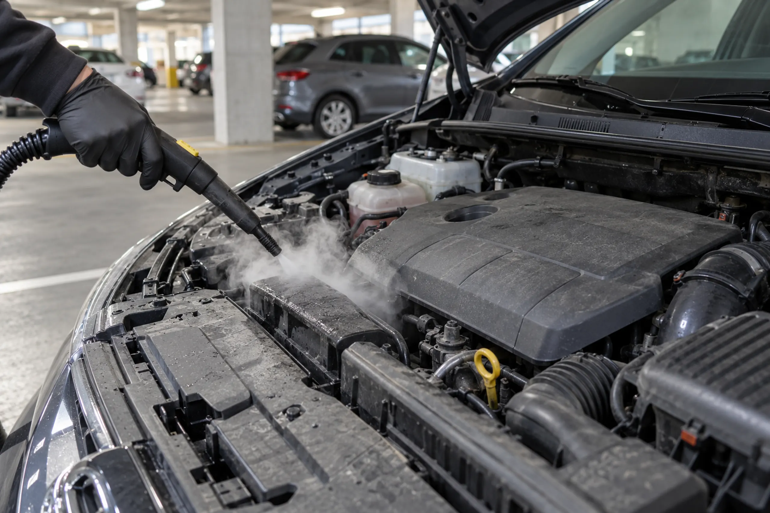 Motorraum wird mit einer Dampfdüse vorsichtig an den Abdeckungen gereinigt