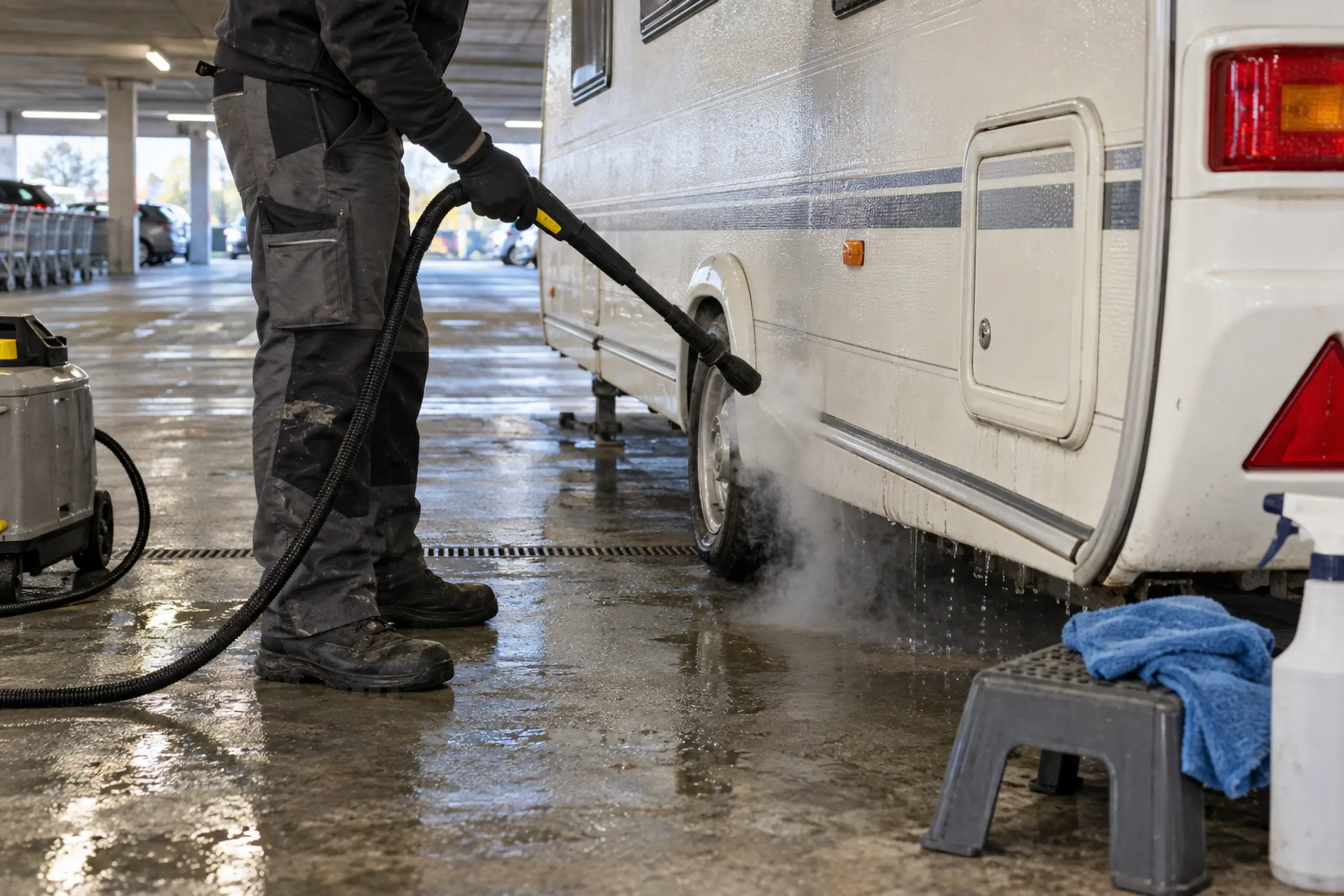 Heller Wohnwagen bei der Dampfreinigung im offenen Pflegebereich