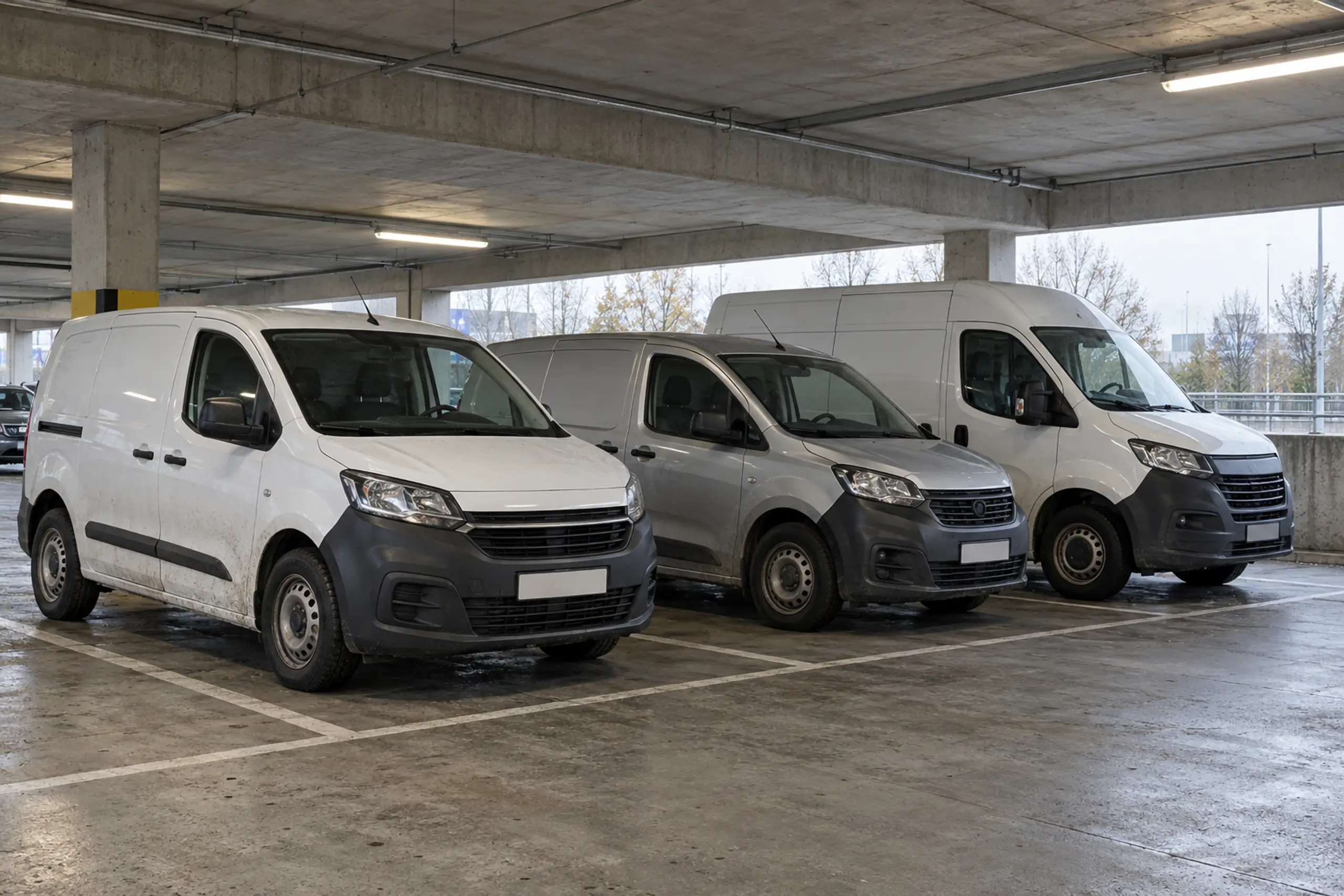 Drei weiße und silberne Firmenfahrzeuge in einer Parkhausreihe