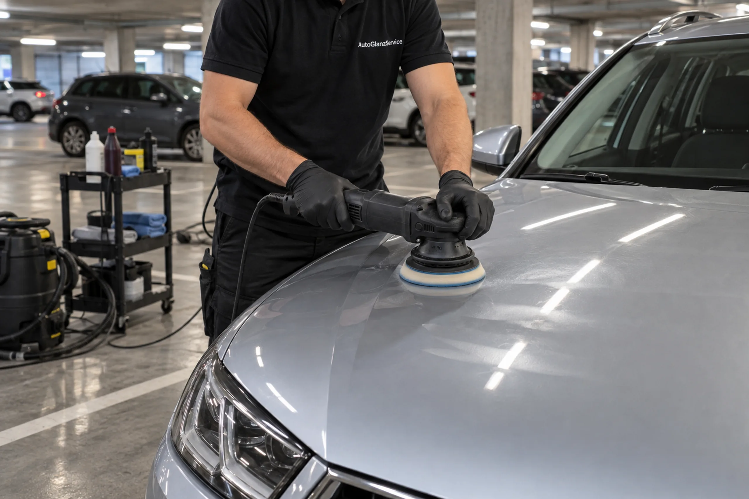 Mitarbeiter poliert eine silberne Motorhaube mit einer Poliermaschine